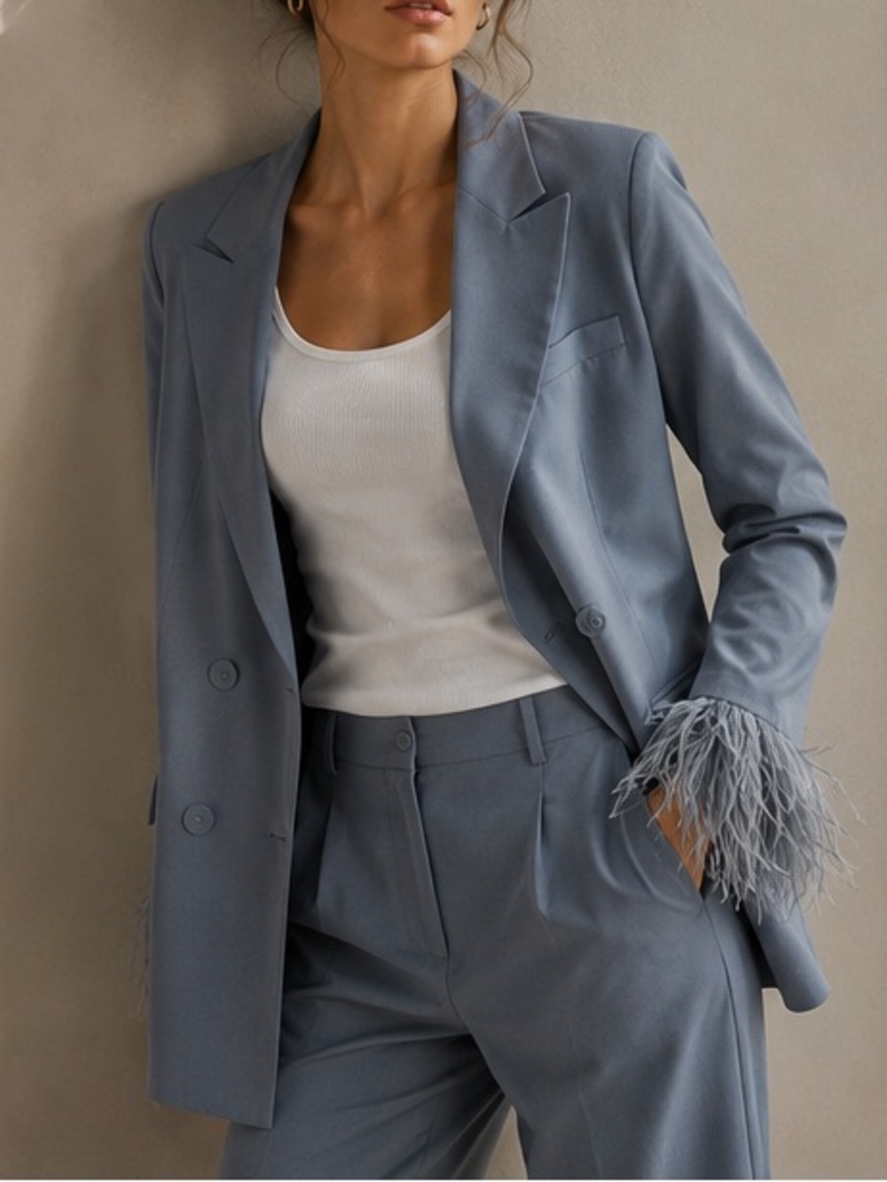 TWINSET Milano Gray Double-Breasted Suit Set w/ Feather Cuffs NWT